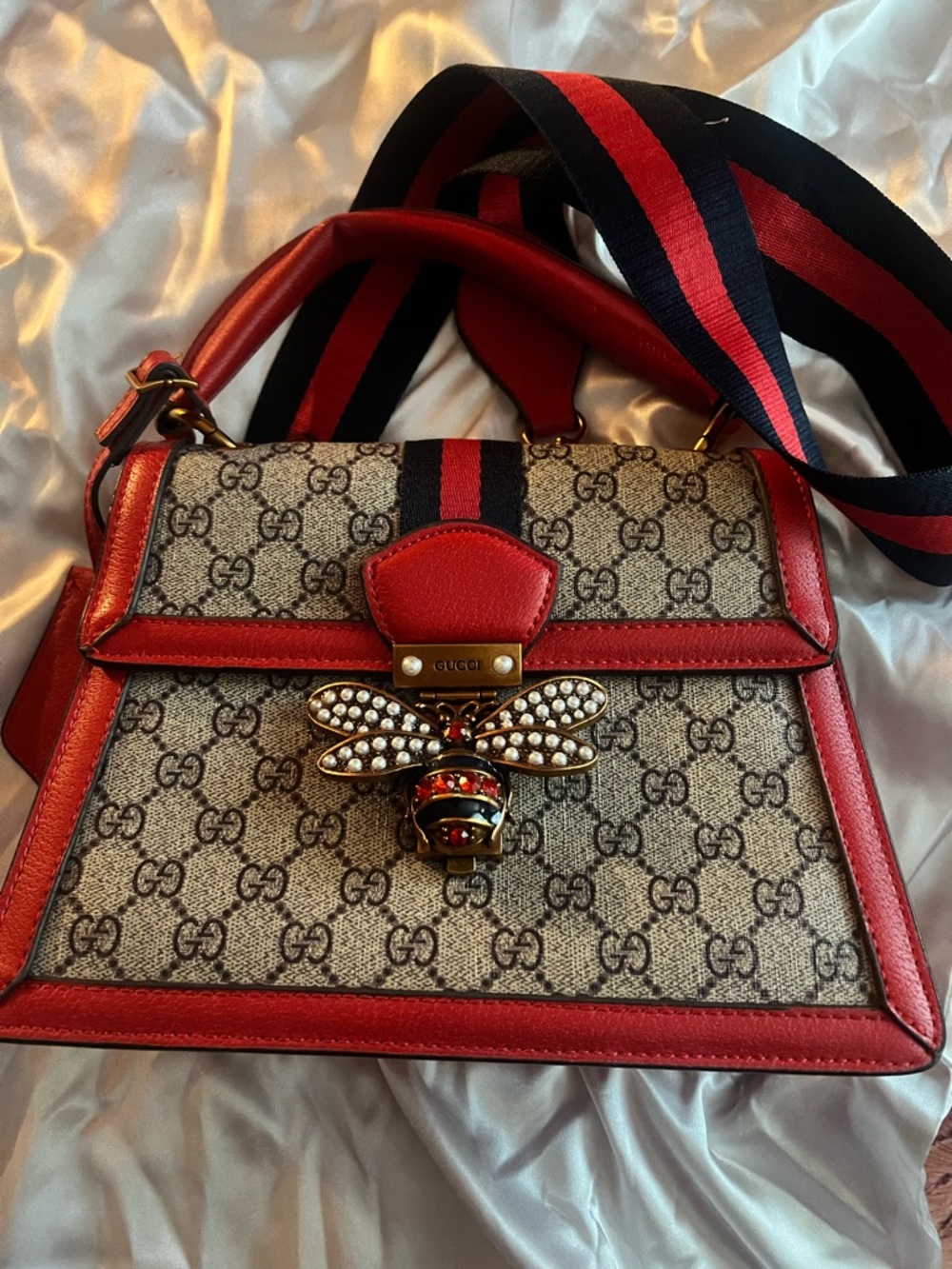 Gucci Beige GG Supreme Top Handle Satchel with Red Trim and Bee